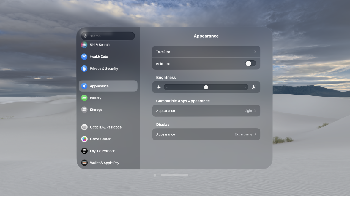 Appearance settings on Apple Vision Pro, showing settings such as Text Size, Brightness and Compatible Apps Appearance.