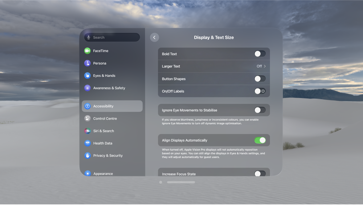 Display & Text Size settings on Apple Vision Pro, showing controls to turn on Bold Text, Ignore Eye Movements, Increase Focus State and more.