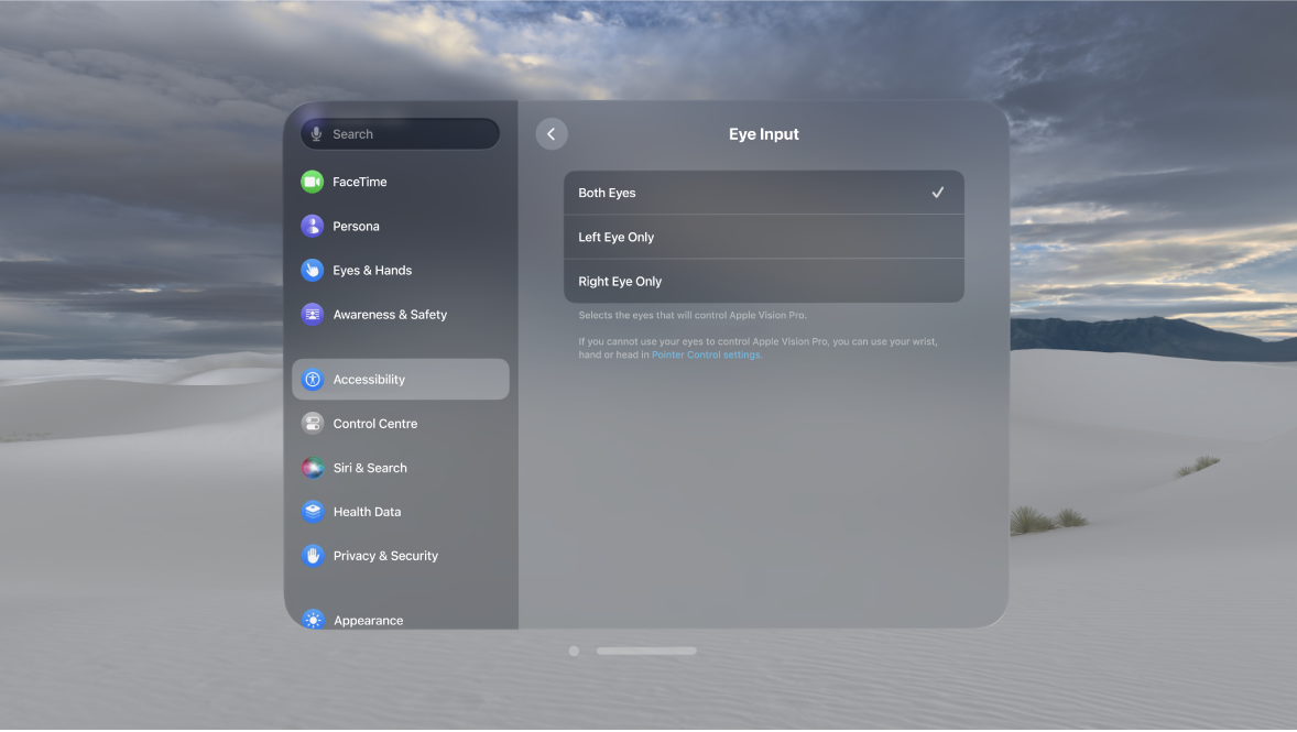 Eye Input settings on Apple Vision Pro, showing options to change which eyes to use to control your device.