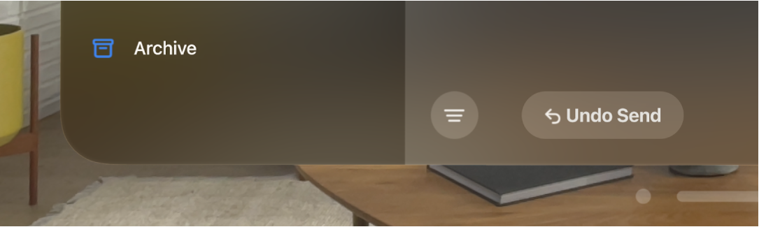 A close-up view of the Undo Send option at the bottom of an email inbox in the Mail app on Apple Vision Pro.