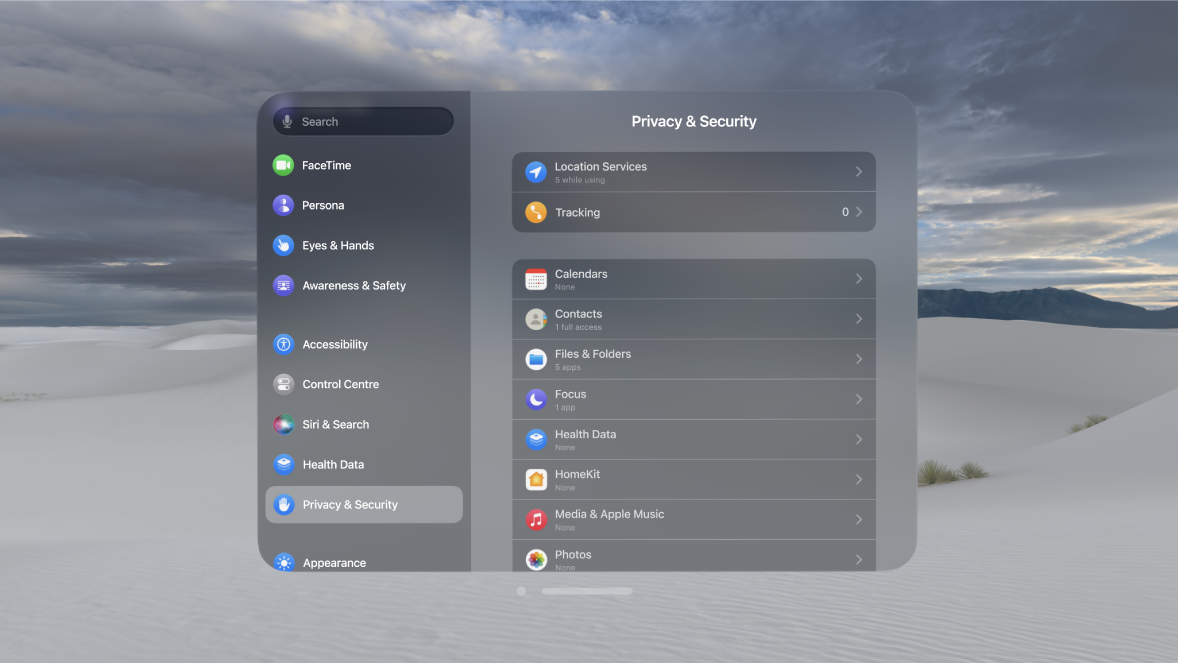 The Privacy & Security settings on Apple Vision Pro, showing settings for Location Services at the top.