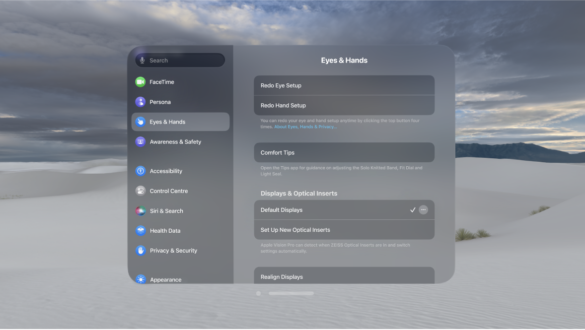 Eyes & Hands settings, with options to redo eye and hand setup, change Hand Input settings and more.