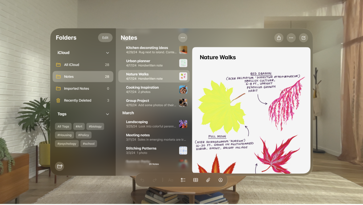 The Notes app on Apple Vision Pro, showing an open note, pinned notes, and previously edited notes in the sidebar.