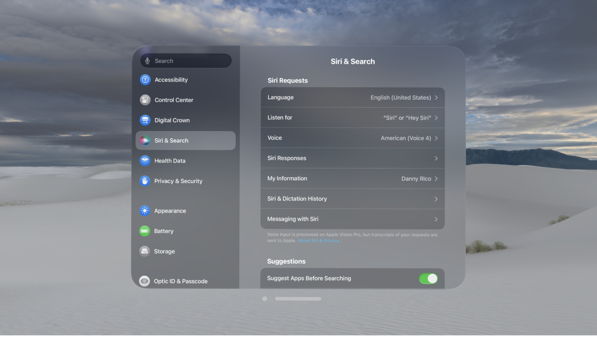 Siri Accessibility settings on Apple Vision Pro, where you can turn on Type to Siri, change the Siri pause time, and choose whether spoken responses are preferred.