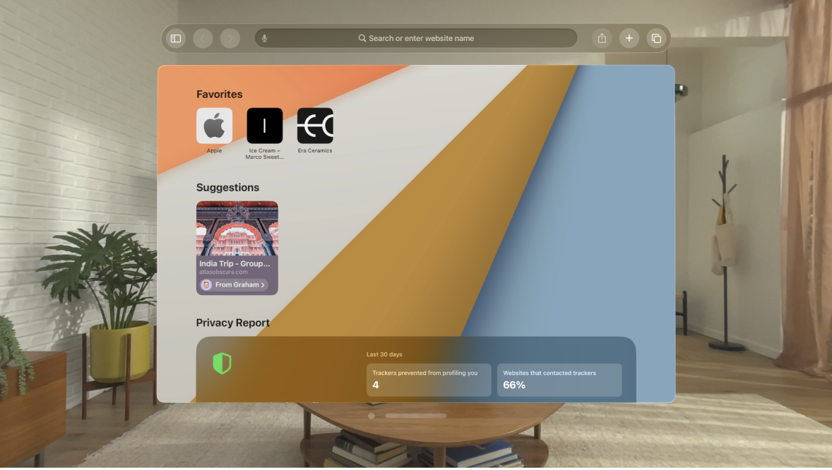  The Safari app on Apple Vision Pro,  showing the start page.