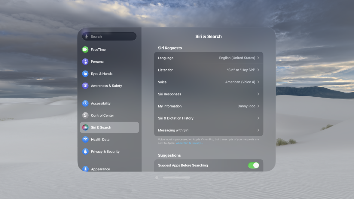 Siri & Search settings on Apple Vision Pro, where you can change when Siri responds, the Siri voice, and more.