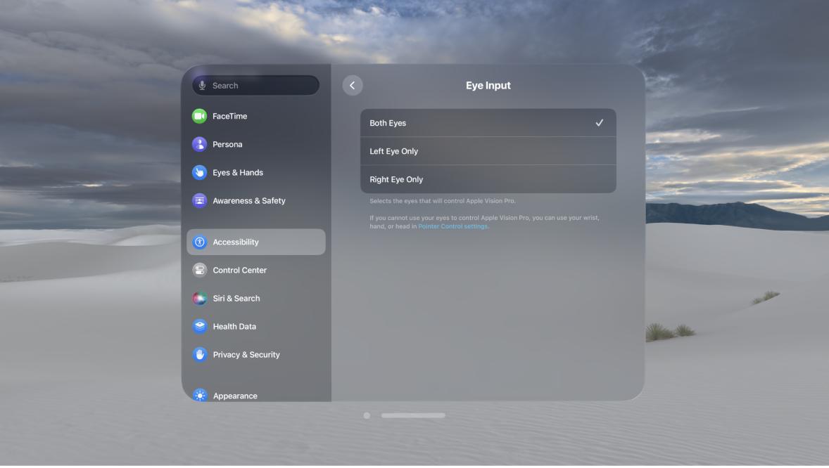  Eye Input settings on Apple Vision Pro,  showing options to change which eyes to use to control your device.