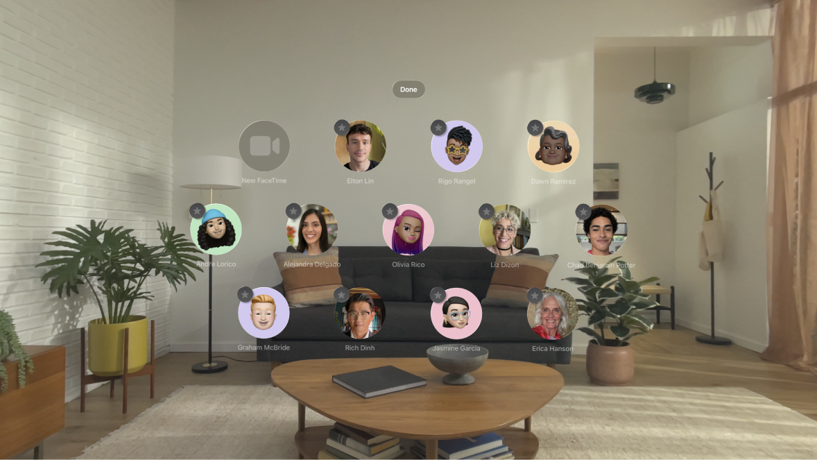 People View on Apple Vision Pro. Gray star icons are visible on the corner of each contact to show that they can be pinned to the top of People View.