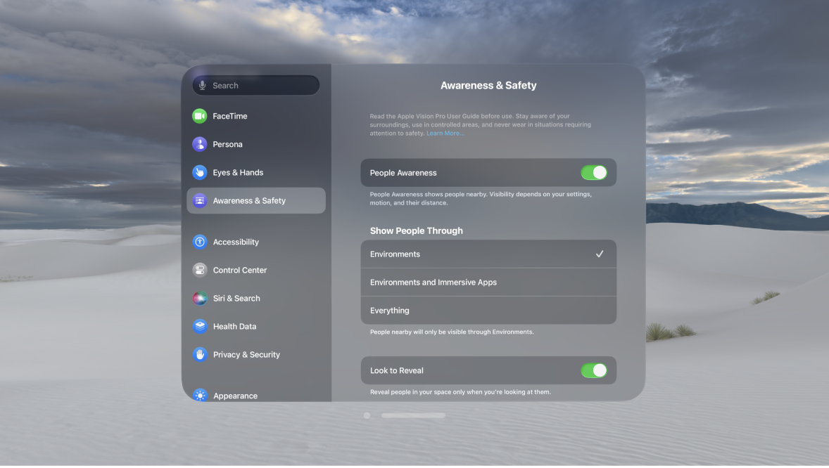 People Awareness settings on Apple Vision Pro, where you can turn People Awareness on or off, change when people are shown, turn Look to Reveal on or off, and delete your personalized EyeSight.