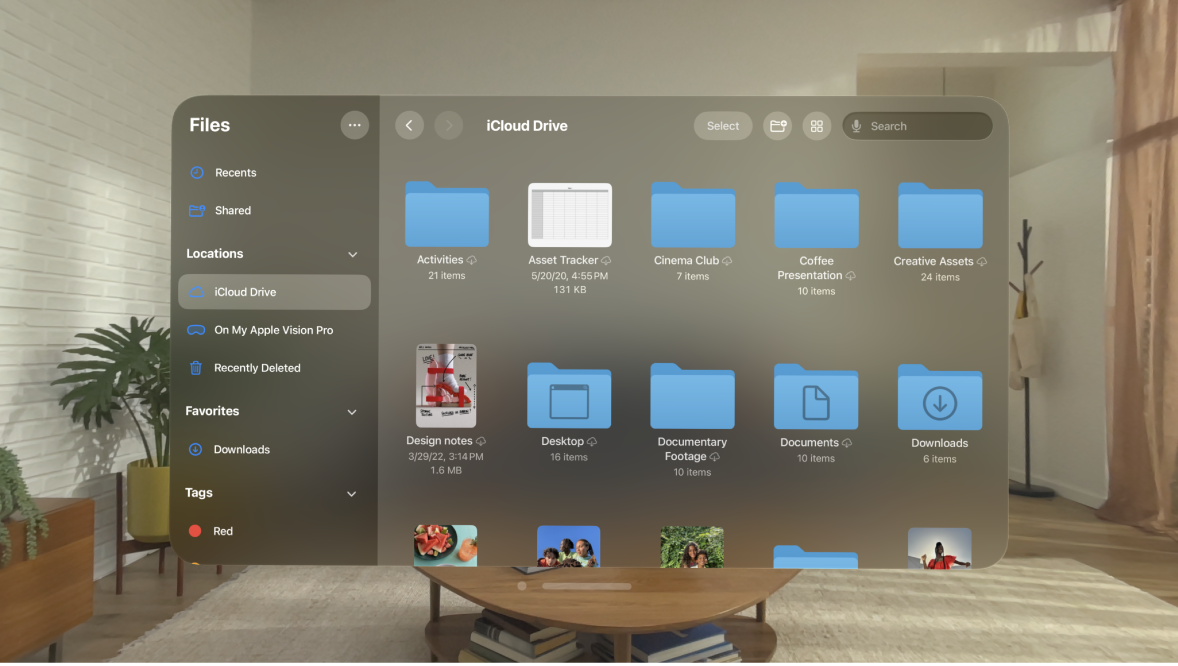 The Files app on Apple Vision Pro, showing folders and files in the iCloud Drive location.