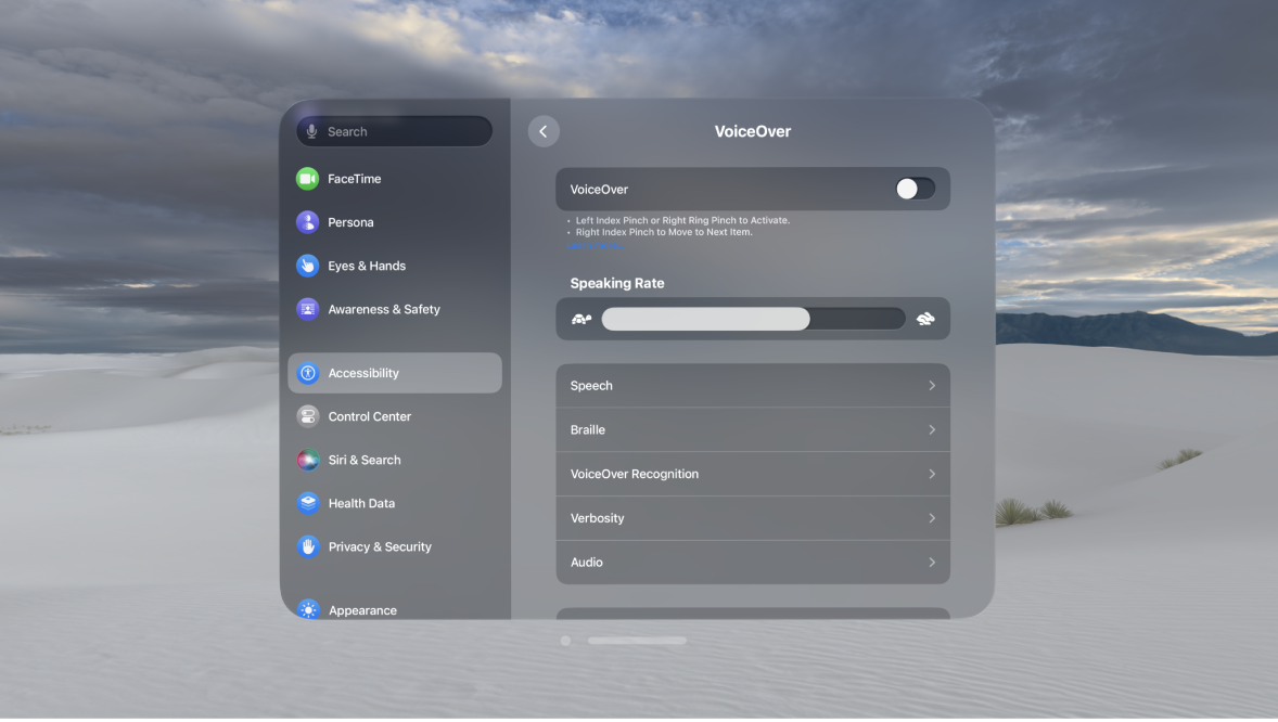 VoiceOver settings on Apple Vision Pro, showing settings for speaking rate, braille, verbosity, and more.