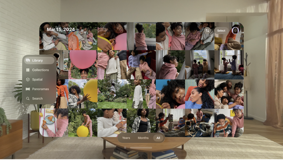 The Photos library on Apple Vision Pro, showing a grid of photos.