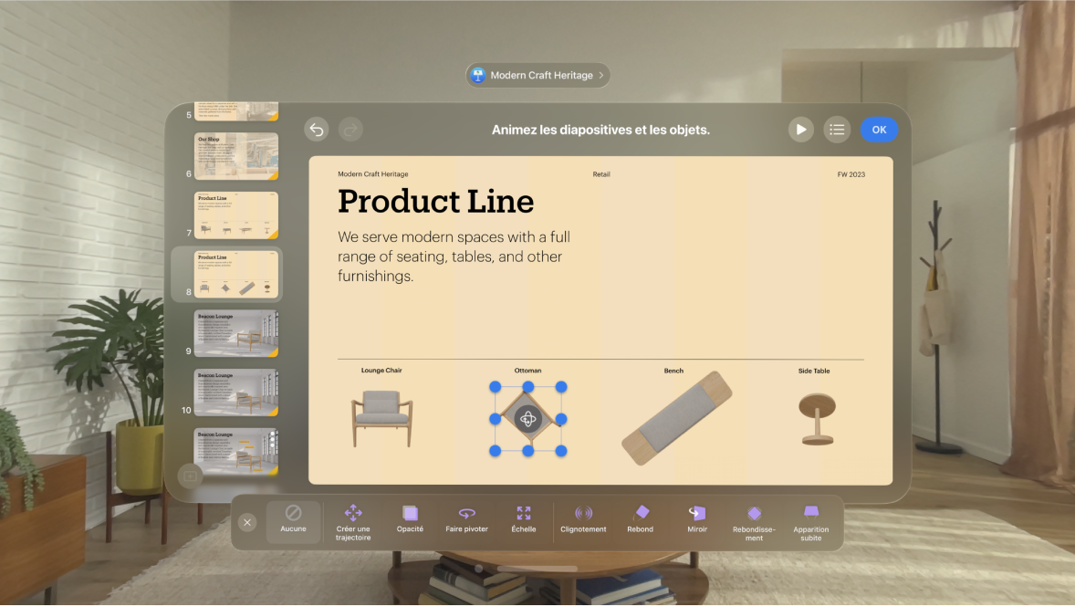 L’app Keynote sur Apple Vision Pro affiche les options d’animation d’un objet figurant sur une diapositive.