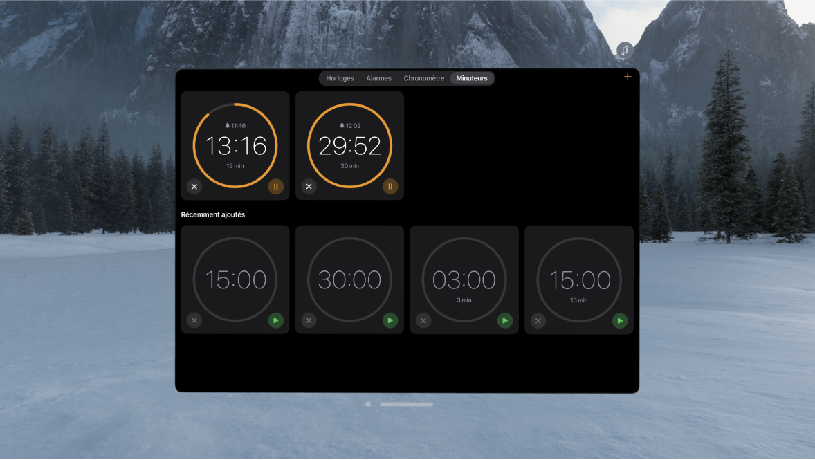 L’app Horloge sur l’Apple Vision Pro qui montre plusieurs minuteurs en cours.