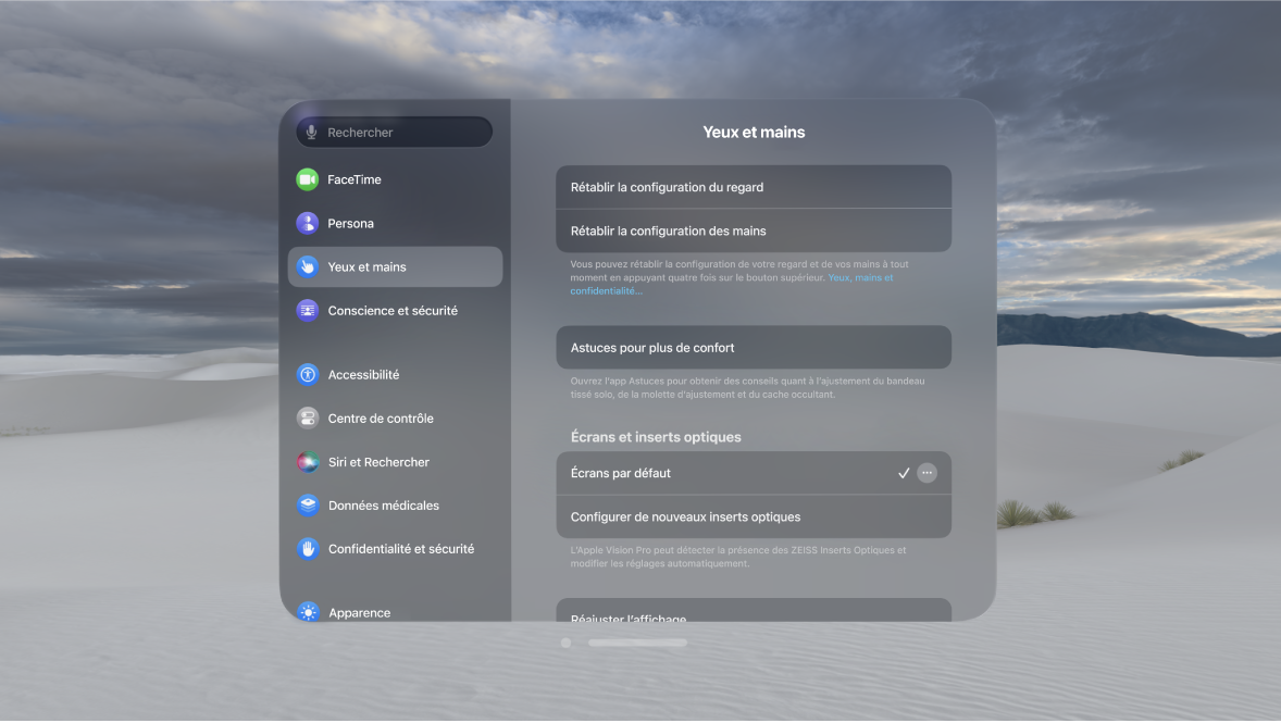 Réglage Yeux et mains, avec les options pour reconfigurer le regard et les mains, modifier les réglages Saisie manuelle, etc.