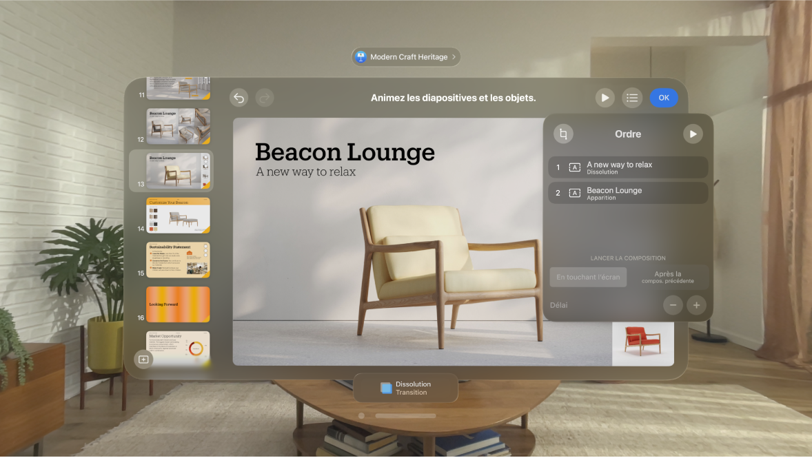 L’app Keynote sur Apple Vision Pro affiche l’ordre de composition de la diapositive active.