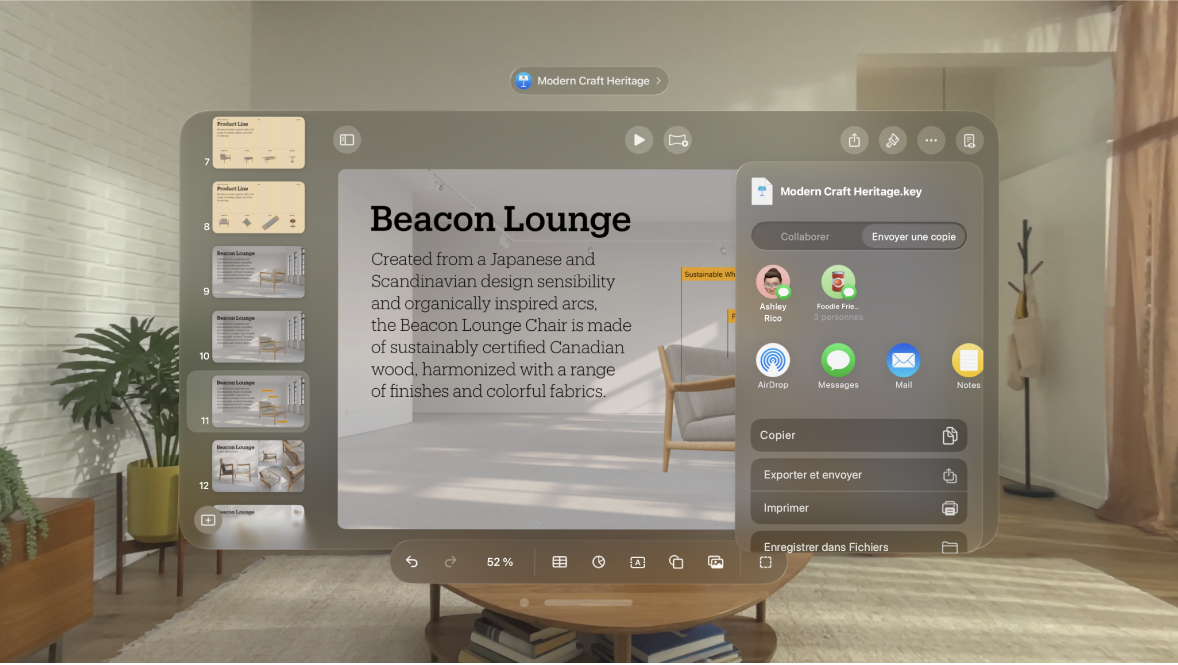L’app Keynote sur l’Apple Vision Pro, présentant les options qui permettent d’envoyer une copie.