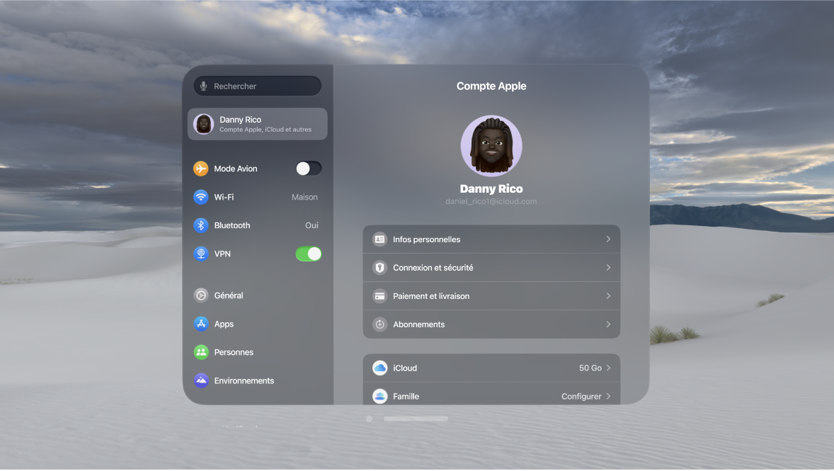 Fenêtre des réglages du compte Apple sur l’Apple Vision Pro, affichant un utilisateur connecté avec des réglages pour Connexion et sécurité, Abonnements, iCloud, et plus encore.
