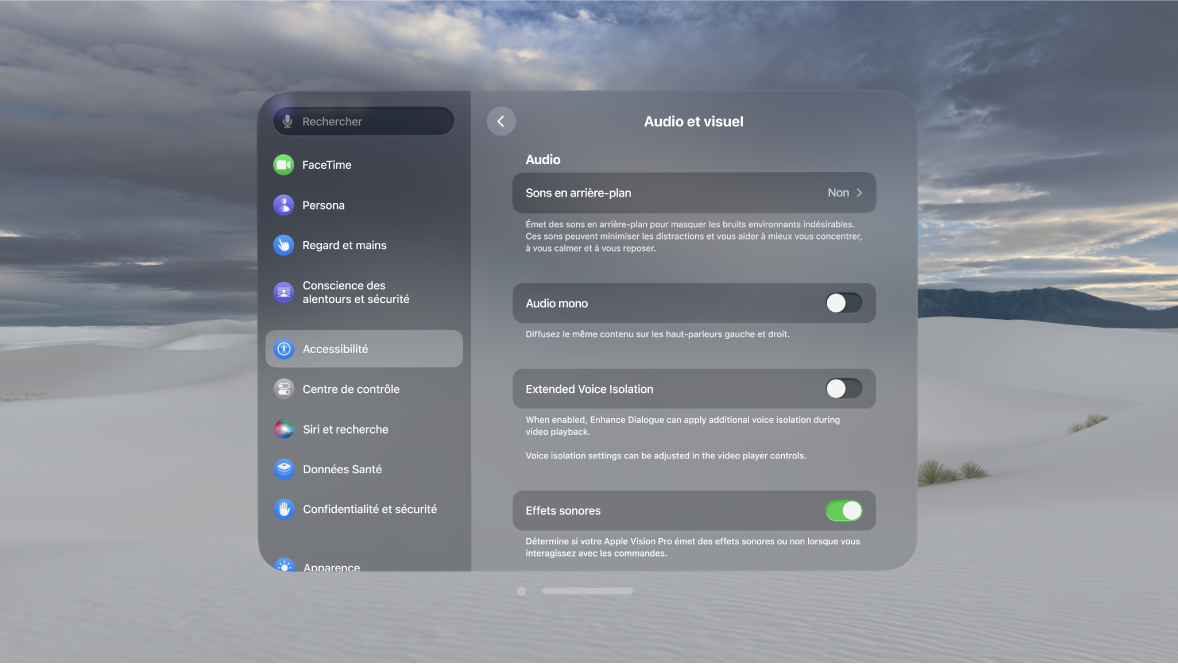 Les réglages Audio et visuel sur l’Apple Vision Pro, avec l’option « Effets sonores » activée.