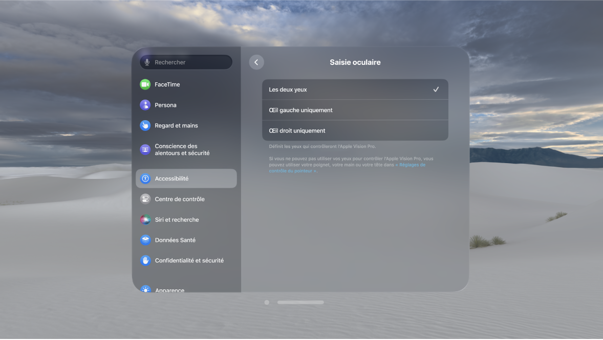 Les réglages Saisie oculaire sur l’Apple Vision Pro, avec des options permettant de changer l’œil avec lequel contrôler votre appareil.