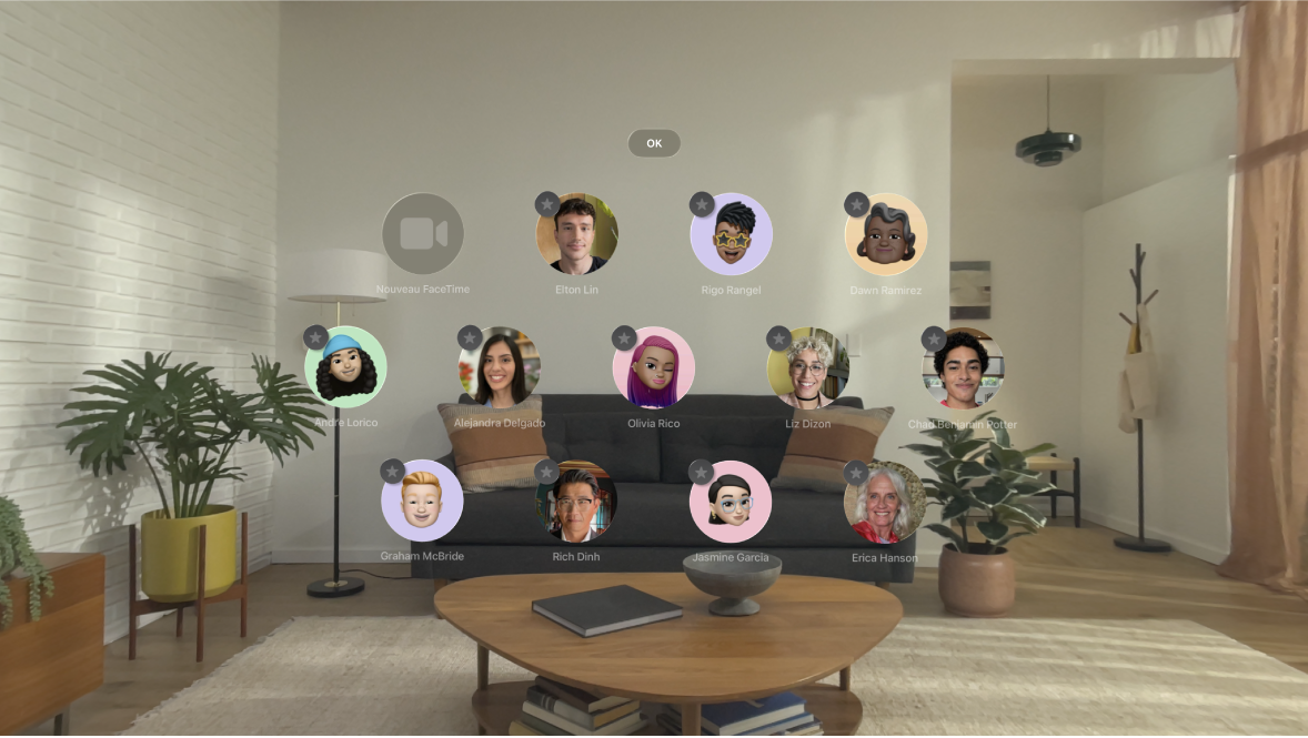 La vue Personnes sur l’Apple Vision Pro. Des icônes d’étoile grises sont visibles dans le coin de chaque contact et indiquent que les contacts peuvent être épinglés en haut de la vue Personnes.