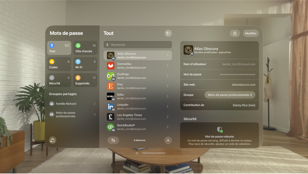 App Mots de passe sur l’Apple Vision Pro. Les comptes sont classés par ordre alphabétique et les informations d’un compte sont affichées sur la droite.