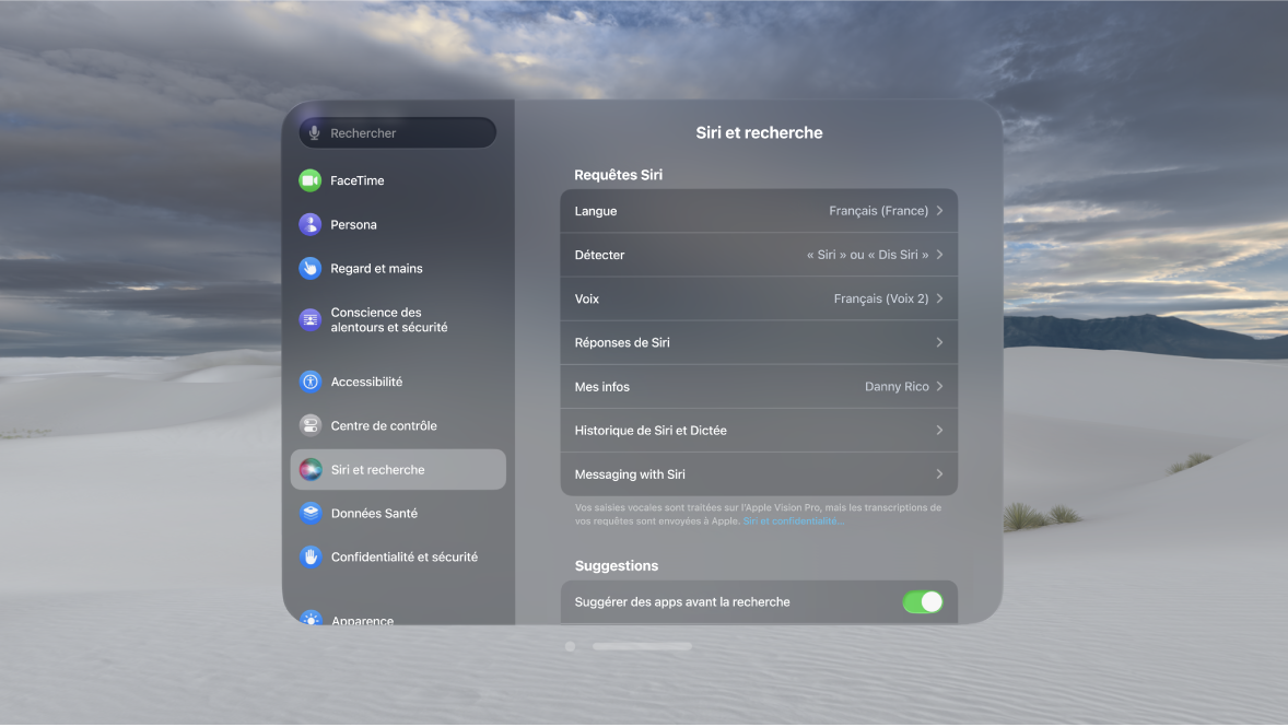 Réglages « Siri et recherche » sur l’Apple Vision Pro, où vous pouvez modifier les moments où Siri répond, la voix de Siri, et plus encore.