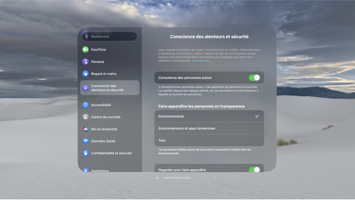 Réglages « Conscience des personnes autour » sur l’Apple Vision Pro, dans lesquels vous pouvez activer ou désactiver « Conscience des personnes autour », modifier l’apparition des personnes, activer ou désactiver « Regarder pour faire apparaître » et supprimer votre EyeSight personnalisé.