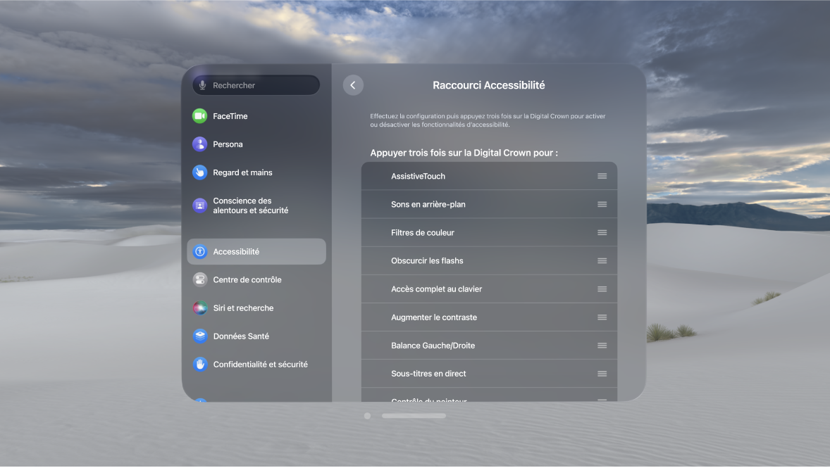 Les réglages de Raccourci Accessibilité sur l’Apple Vision Pro affichant les fonctionnalités pouvant être activées ou désactivées à l’aide de la Digital Crown.