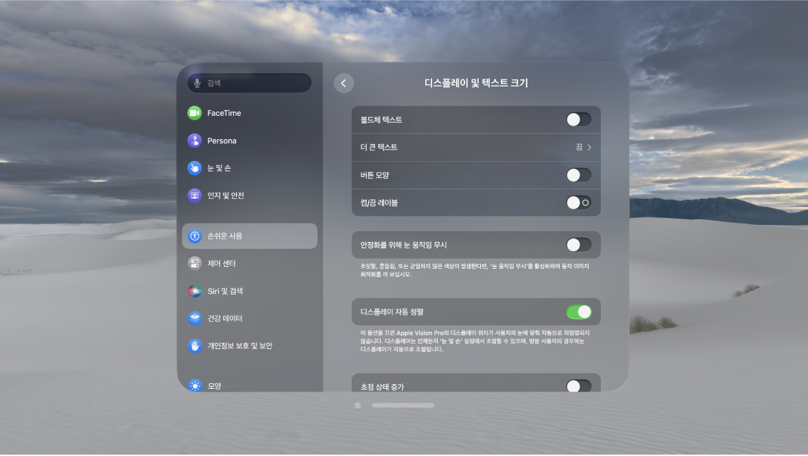 Apple Vision Pro의 디스플레이 및 텍스트 크기 설정. 볼드체 텍스트, 눈 움직임 무시, 초점 상태 증가 등을 켤 수 있는 제어기가 표시됨.