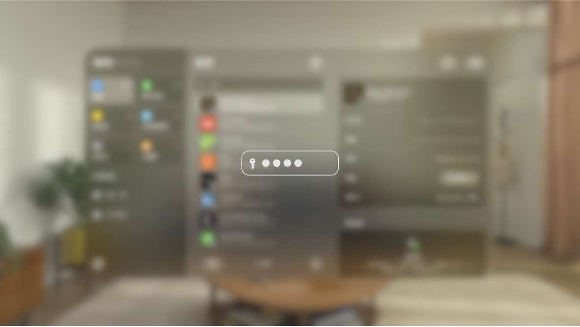 Apple Vision Pro 上正在键入密码的视野，来自某人在镜像显示器上观看的视角。视野已模糊处理，图像表示用户正在输入密码。