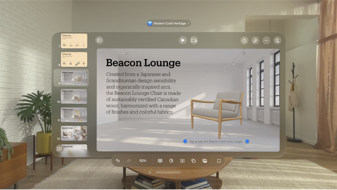 Apple Vision Pro 上的 Keynote App 顯示下方包括説明的物件。