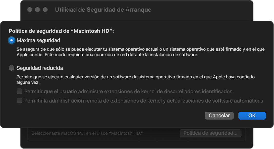 Un panel de selección de políticas de seguridad en Utilidad de Seguridad de Arranque, con la política Seguridad máxima seleccionada para el volumen Macintosh HD.