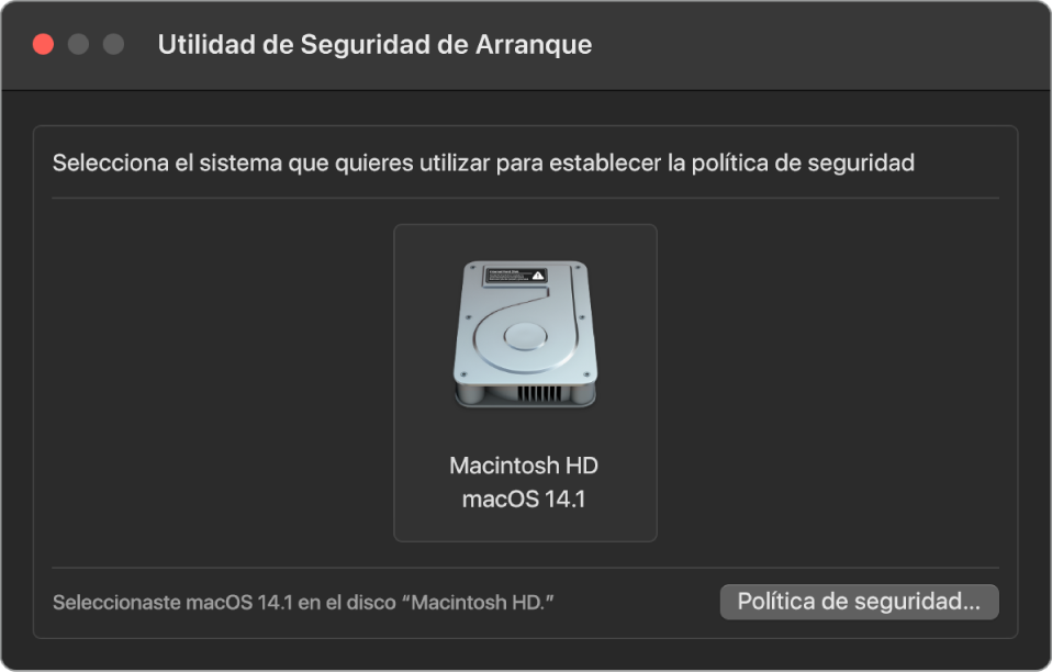 El panel de selección del sistema operativo en Utilidad de Seguridad de Arranque mostrando el disco Macintosh HD al cual se quiere designar una política de seguridad. En la parte inferior derecha se encuentra un botón para que aparezcan las opciones de la Política de seguridad del volumen seleccionado.