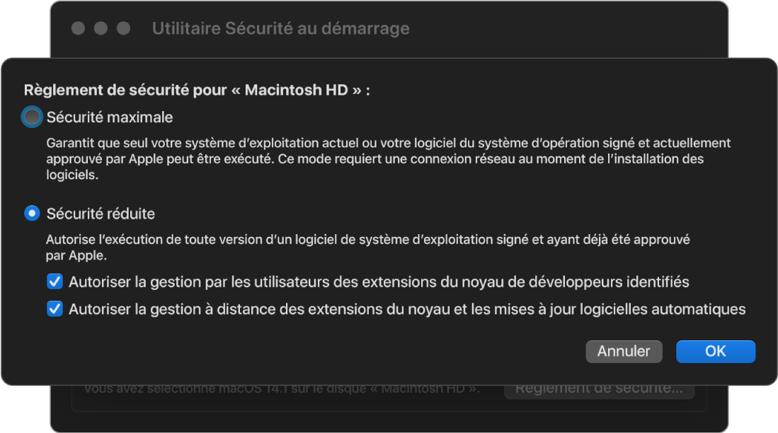 Une sous-fenêtre de sélecteur de politique de sécurité dans l’utilitaire Sécurité au démarrage, avec le règlement Sécurité réduite sélectionné pour le volume « Disque dur Macintosh ».