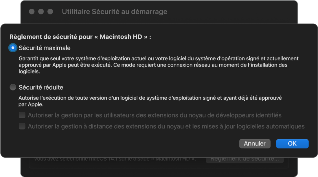 Une sous-fenêtre de sélecteur de politique de sécurité dans l’utilitaire Sécurité au démarrage, avec le règlement Sécurité complète sélectionné pour le volume « Disque dur Macintosh ».