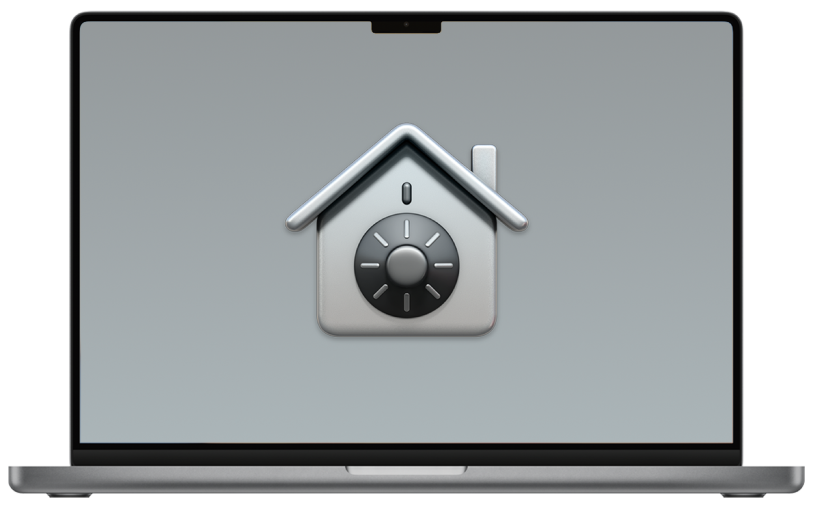 Macノートブックが開いていて、FileVaultのアイコンが表示されています。