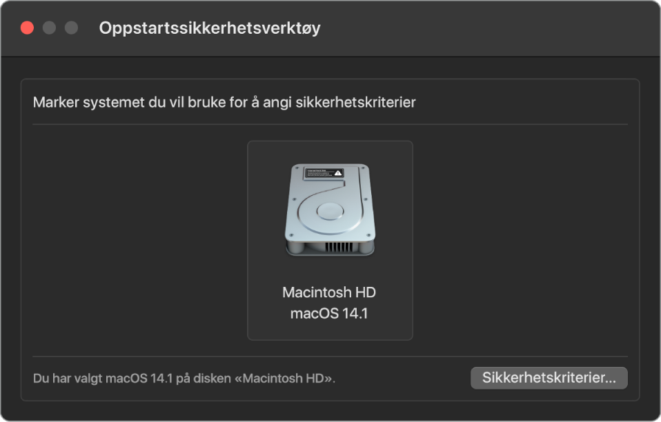 Panelet for operativsystemvelger i Oppstartssikkerhetsverktøy, som viser Macintosh HD som er ønsket for å angi et sikkerhetsregelsett. Nederst til høyre er det en knapp for å vise valgene for sikkerhetsregelsettet for det markerte volumet.