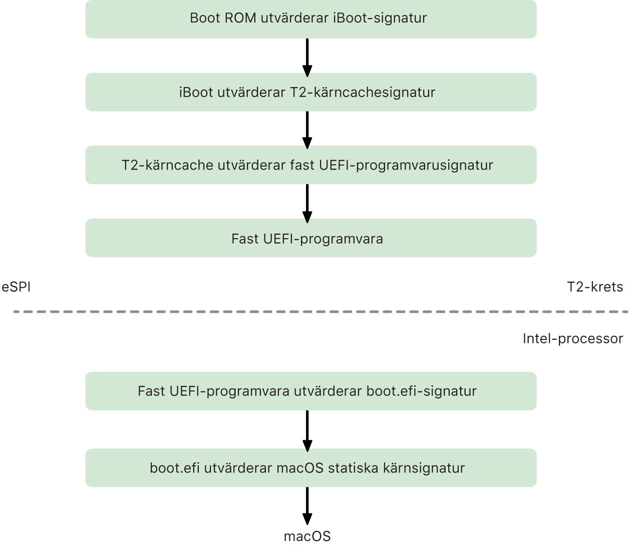 Den säkra T2-startsekvensprocessen i macOS.