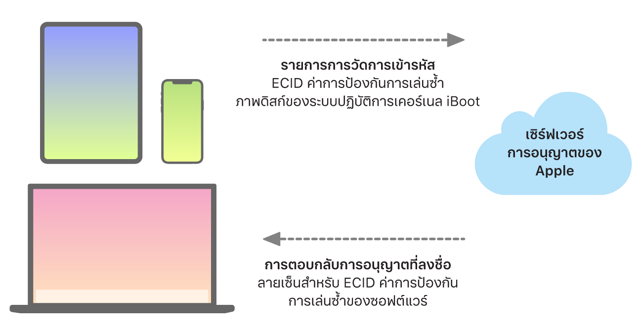 ไดอะแกรมแสดงวิธีที่อุปกรณ์ Apple ส่งข้อมูลไปยังเซิร์ฟเวอร์การอนุญาตของ Apple ซึ่งจะส่งการตอบสนองกลับมา