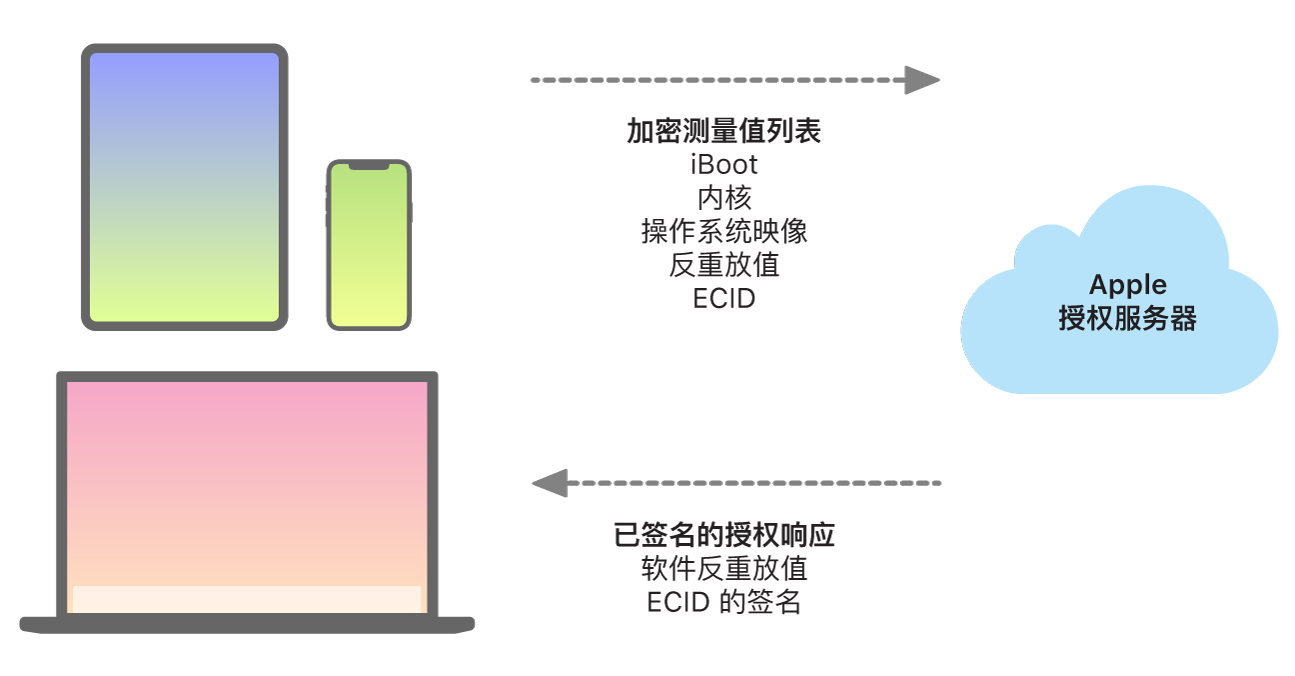 示意图显示 Apple 设备如何将信息发送到 Apple 授权服务器,以及服务器随后发回回复。