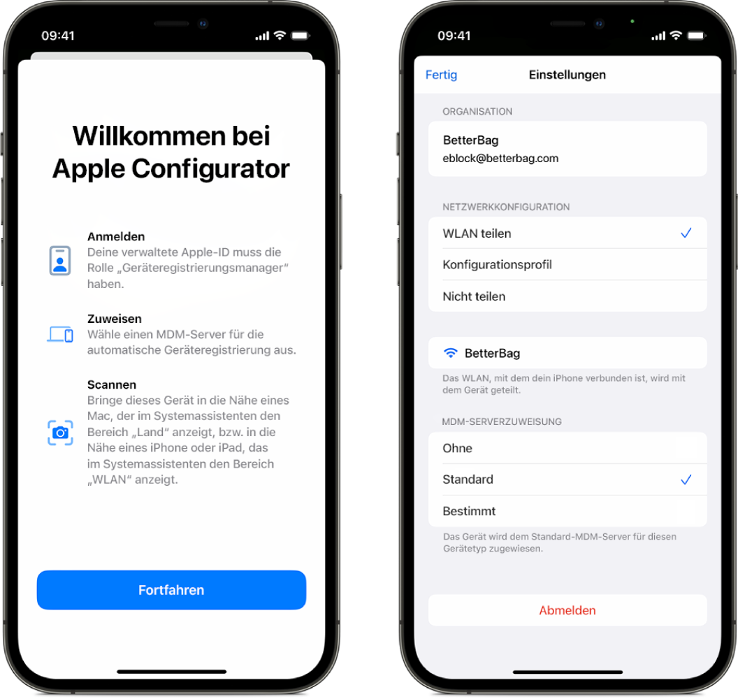 Apple Configurator für iPhone mit zwei Bildschirmen: dem Hauptbildschirm mit dem Begrüßungsfenster und einem Bildschirm mit dem MDM-Standardserver, der als automatische Zuweisung für Geräte ausgewählt ist.