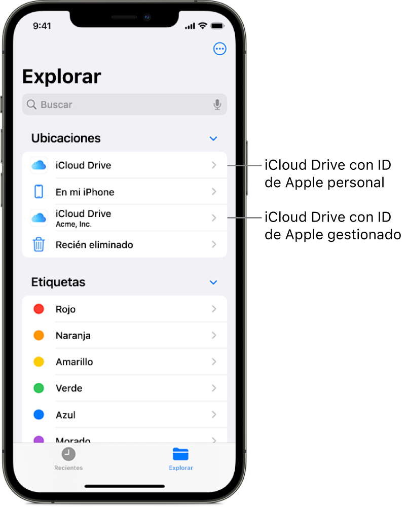 Pantalla de un iPhone con la app iCloud Drive para el ID de Apple personal de un usuario y para su ID de Apple gestionado.