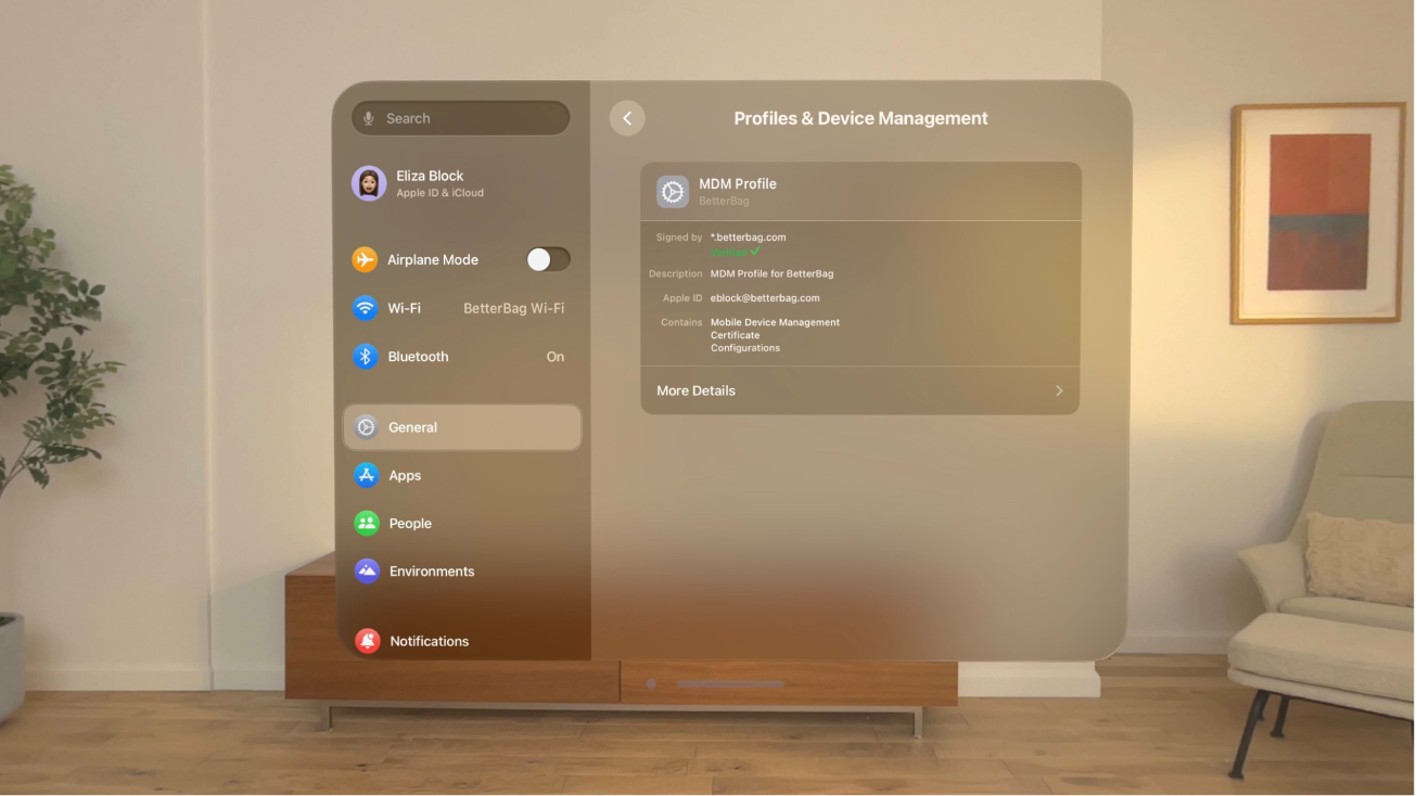 İmzalanmış bir profille Profiller ve Aygıt Yönetimi ekranını gösteren Apple Vision Pro.