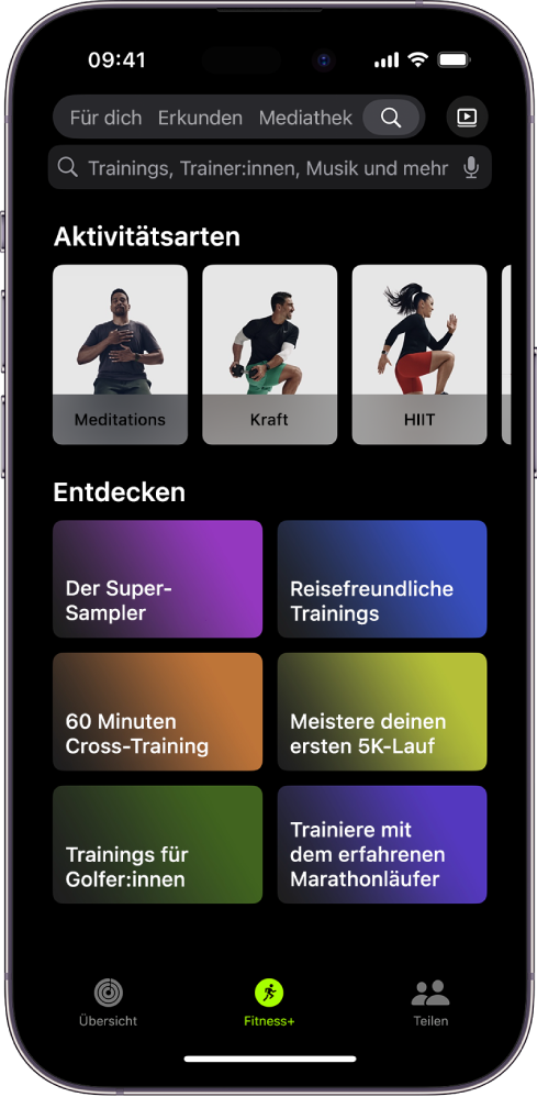 Der Bildschirm zum Suchen in Apple Fitness+ zeigt ein oben ein Suchfeld. Der Bereich „Aktivitätsarten“ unten zeigt empfohlene Aktivitätsarten. Darunter befindet sich der Bereich „Entdecken“ mit sechs Kategorien.