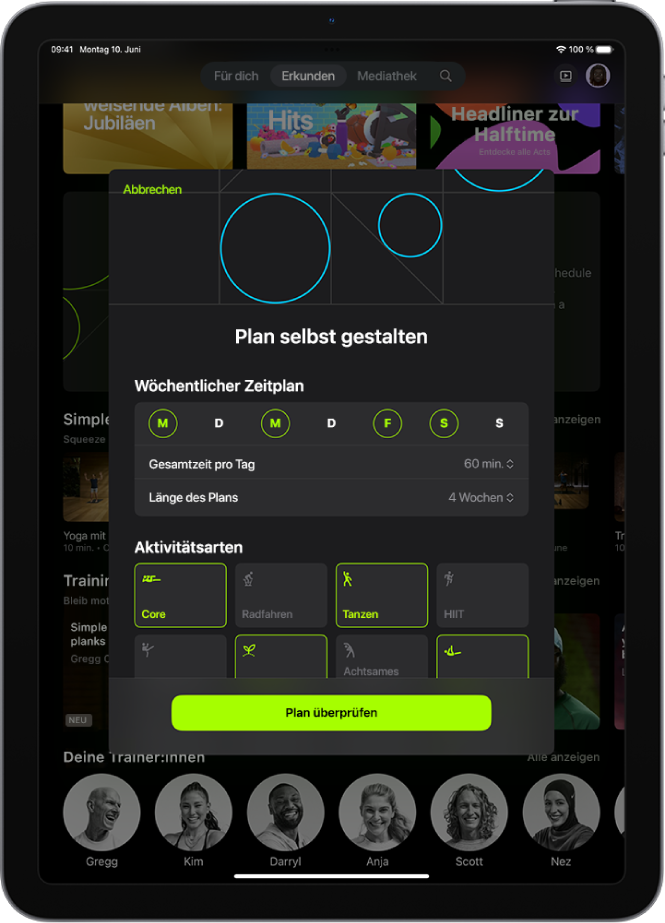 Die Anzeige „Eigener Plan“ mit den Einstellungen zum Auswählen des Wochenplans und der Länge des Plans. Unten werden die verfügbaren Aktivitätstypen und die Taste „Plan prüfen“ angezeigt.