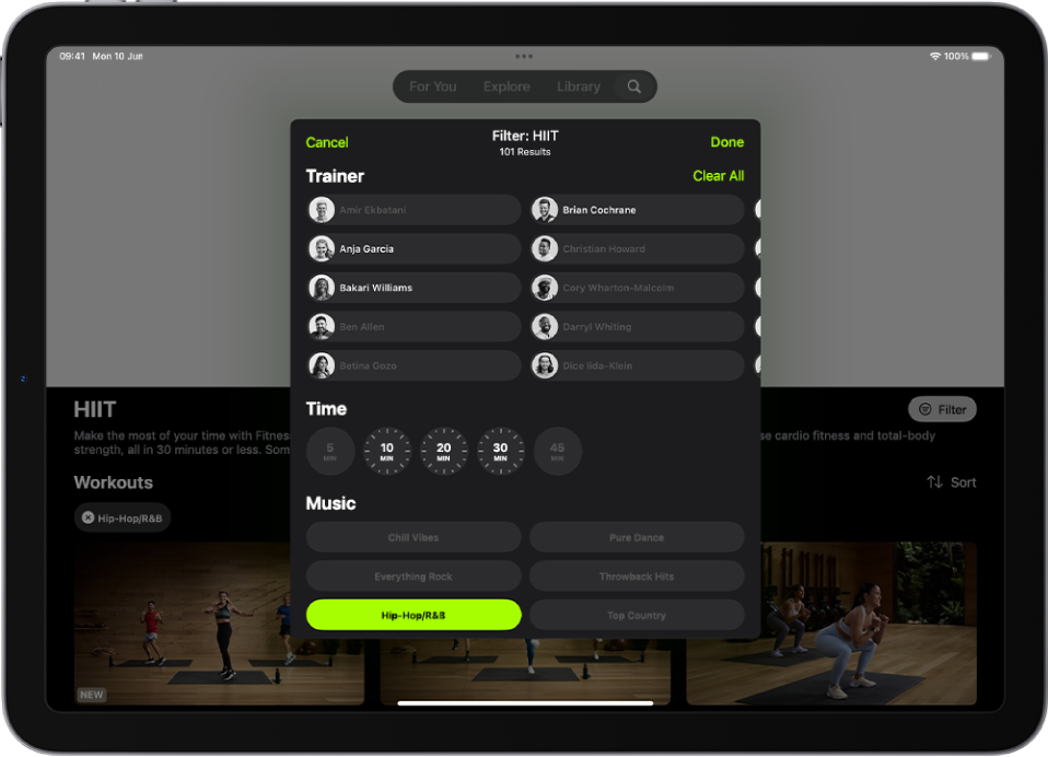 The Apple Fitness+ screen showing options to sort and filter workouts. At the top of the screen is a list of trainers. Time intervals are in the centre of the screen. Below Time is a list of music genres.