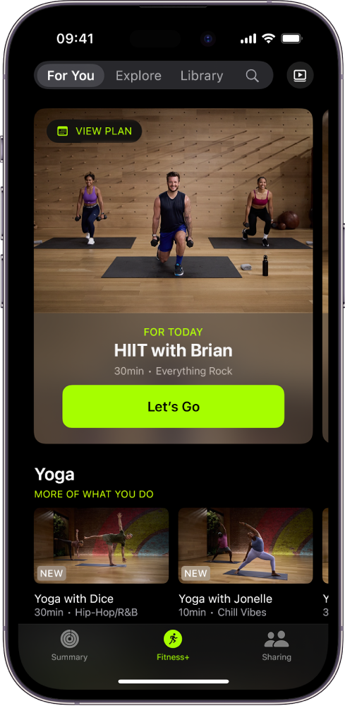 The For You screen in Apple Fitness+ showing a workout in a Custom Plan and recommended Yoga workouts.