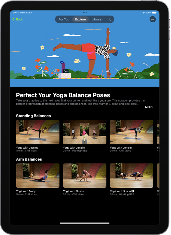 The Apple Fitness+ screen showing a Yoga collection. The collection title and description is at the centre of the screen. Below the collection title are rows of workouts.