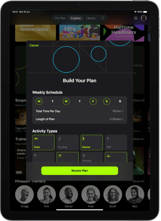 The Custom Plan screen, showing settings to choose the weekly schedule and length of the plan. Available activity types and the Review Plan button is at the bottom.